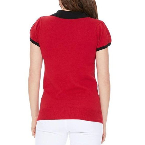 Womens Cat Tea Cup Classic Contrast Knit Sweater Top Short Sleeve - Picture 2 of 2